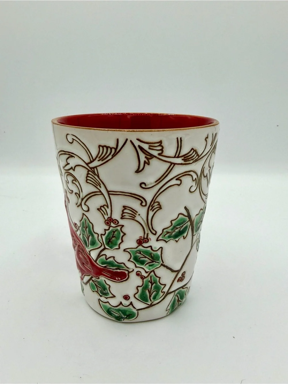 Christmas Cardinal Coffee Mug Holly Scroll Ceramic Red White Large Cup